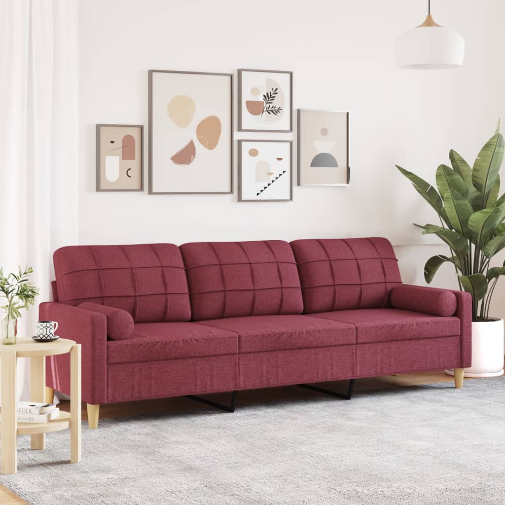 3-personers sofa med pyntepuder 210 cm stof vinrød