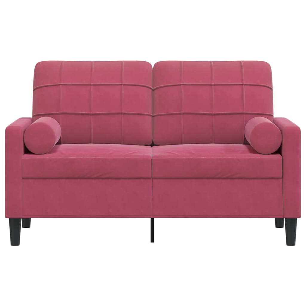 2-personers sofa med pyntepuder 120 cm velour vinrød