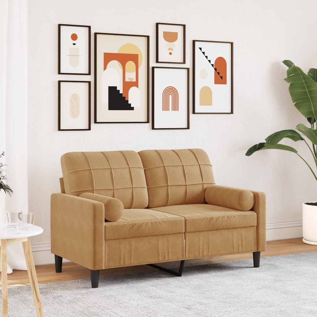 2-personers sofa med pyntepuder 120 cm velour brun