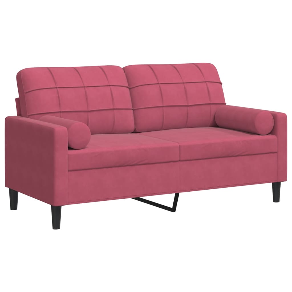 2-personers sofa med pyntepuder 140 cm velour vinrød