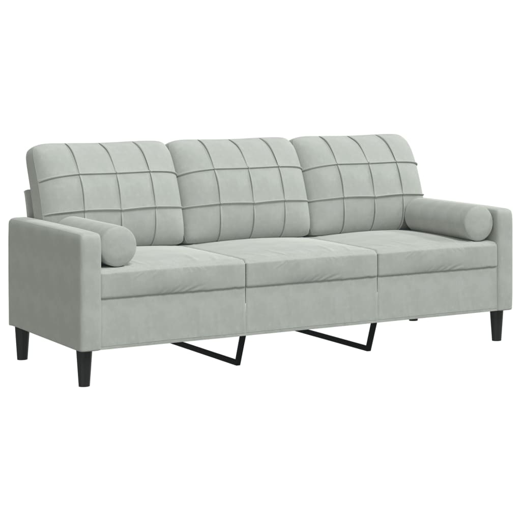 3-personers sofa med pyntepuder 180 cm velour lysegrå