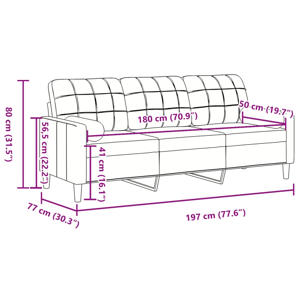 3-personers sofa med pyntepuder 180 cm velour lysegrå