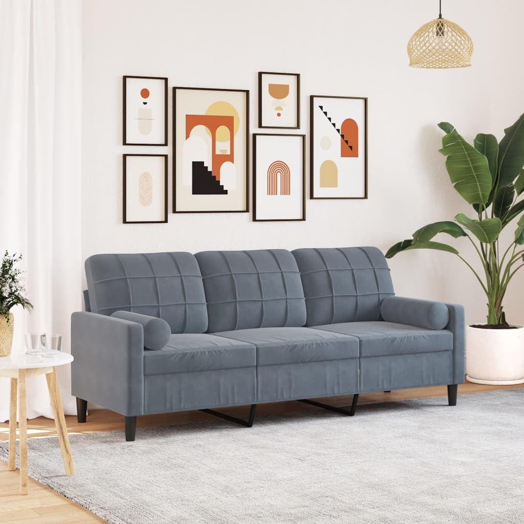 3-personers sofa med pyntepuder 180 cm velour mørkegrå