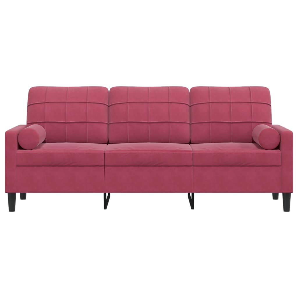 3-personers sofa med pyntepuder 180 cm velour vinrød