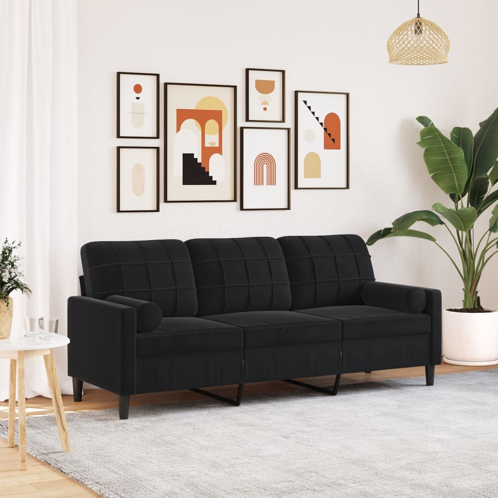 3-personers sofa med pyntepuder 180 cm velour sort