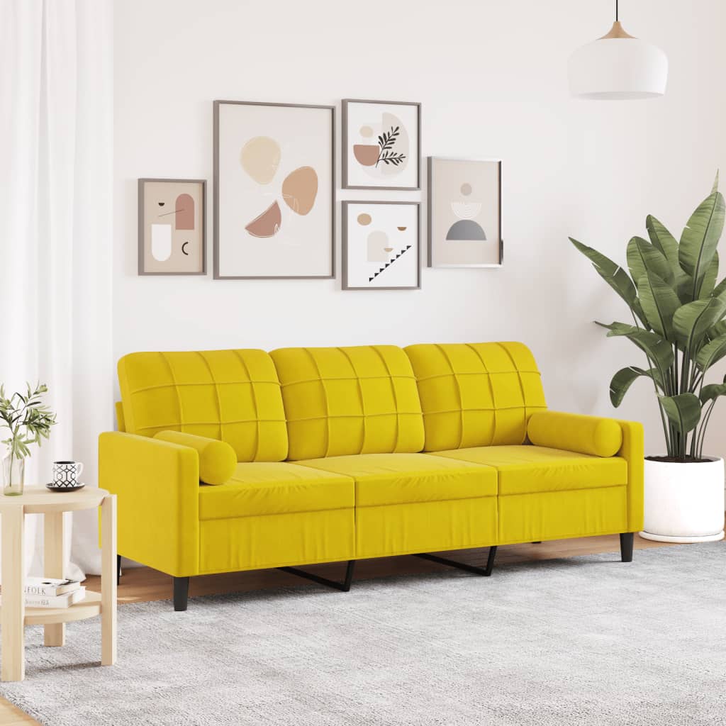 3-personers sofa med pyntepuder 180 cm velour gul