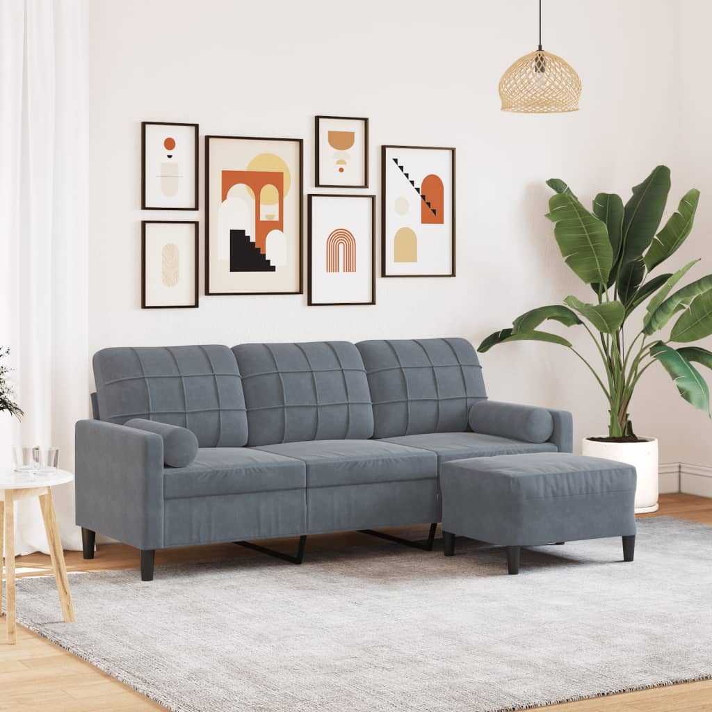 3-personers sofa med fodskammel 180 cm velour Mørkegrå