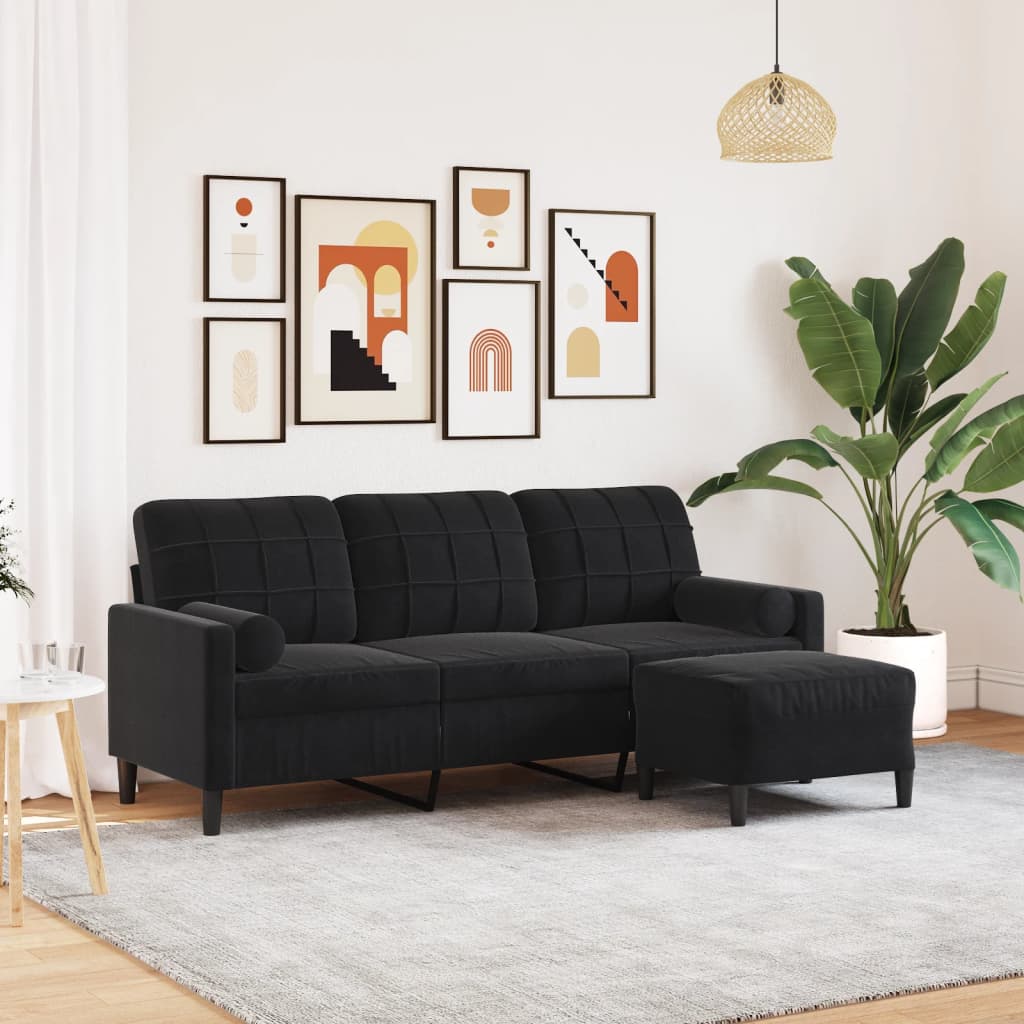 3-personers sofa med fodskammel 180 cm velour sort