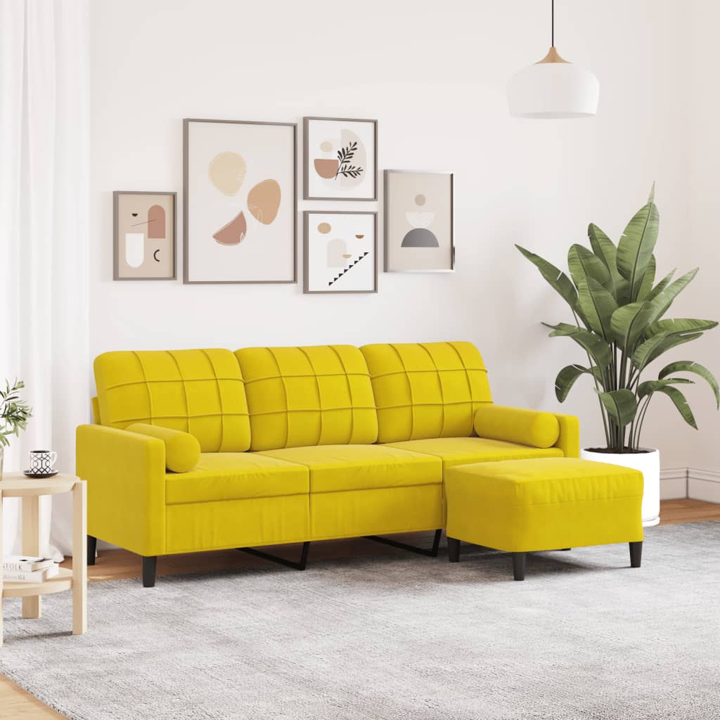 3-personers sofa med fodskammel 180 cm velour gul