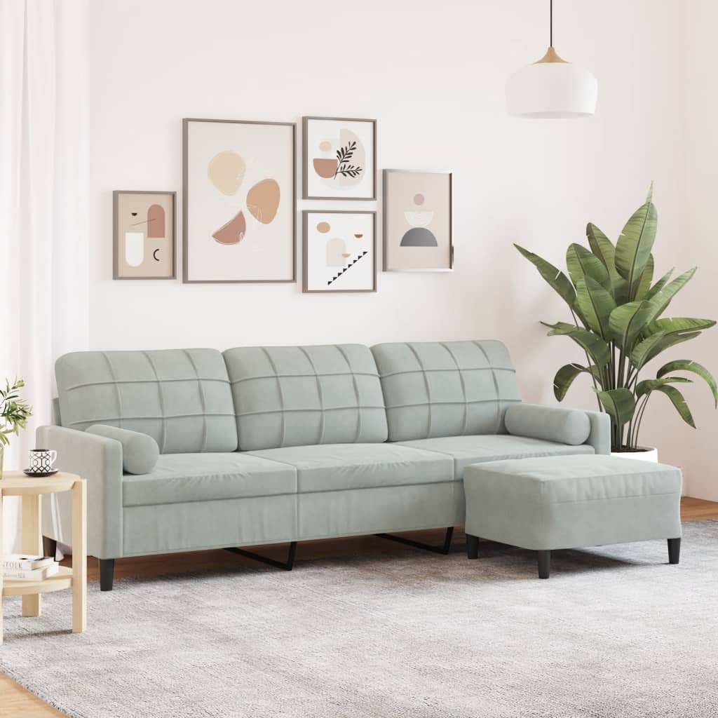 3-personers sofa med fodskammel 210 cm velour lysegrå