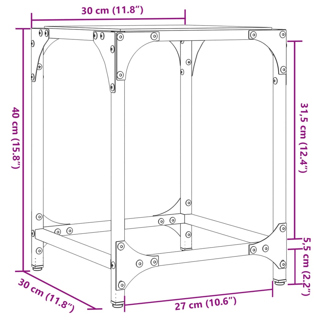 sofaborde med sort glastop 2 stk 30x30x40 cm stål