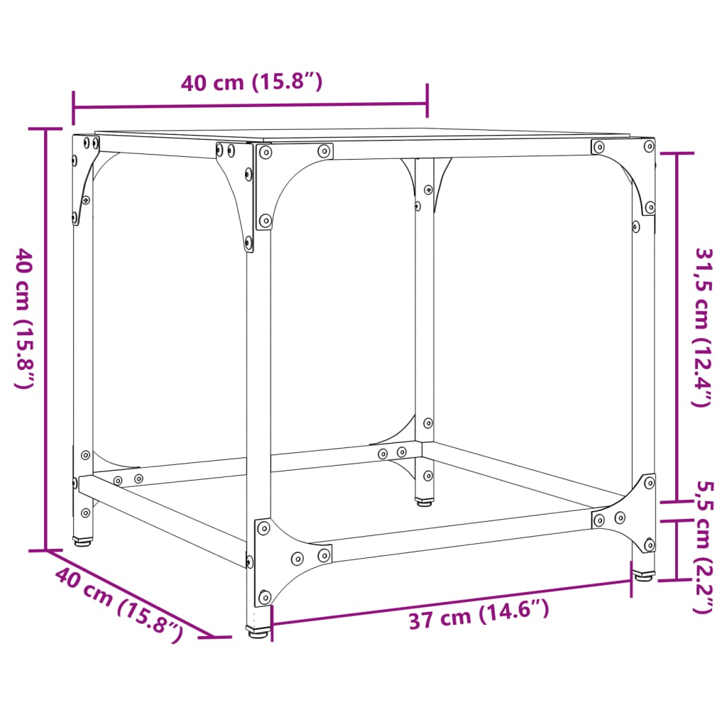 sofabord med transparent glastop 40x40x40 cm stål