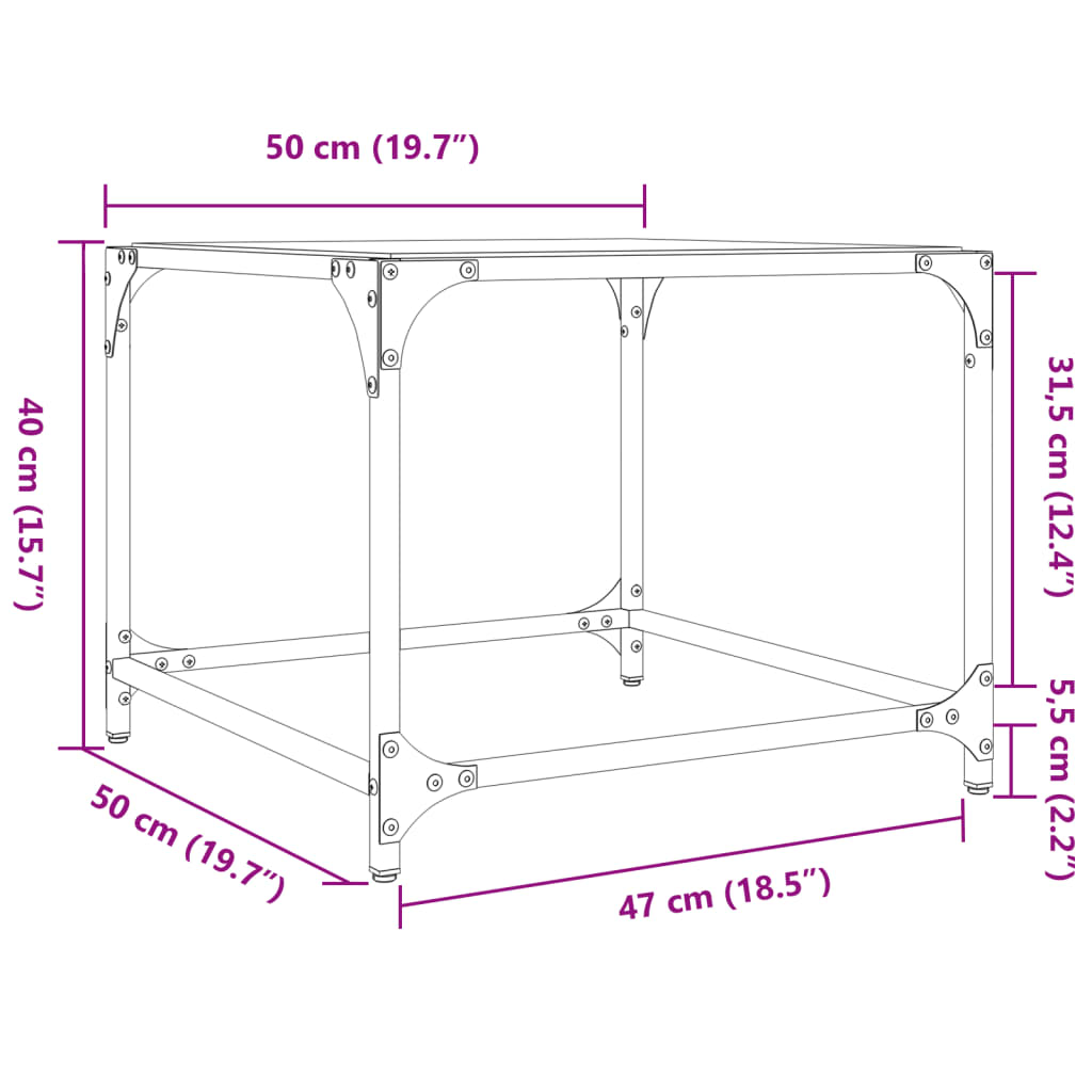 sofaborde med transparent glastop 2 stk 50x50x40 cm stål