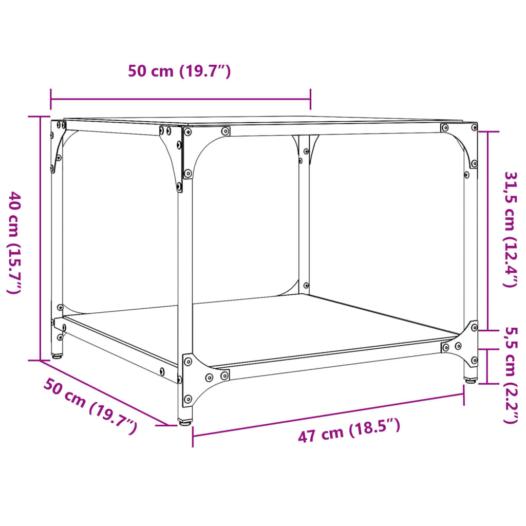 sofabord med transparent glastop 50x50x40 cm stål