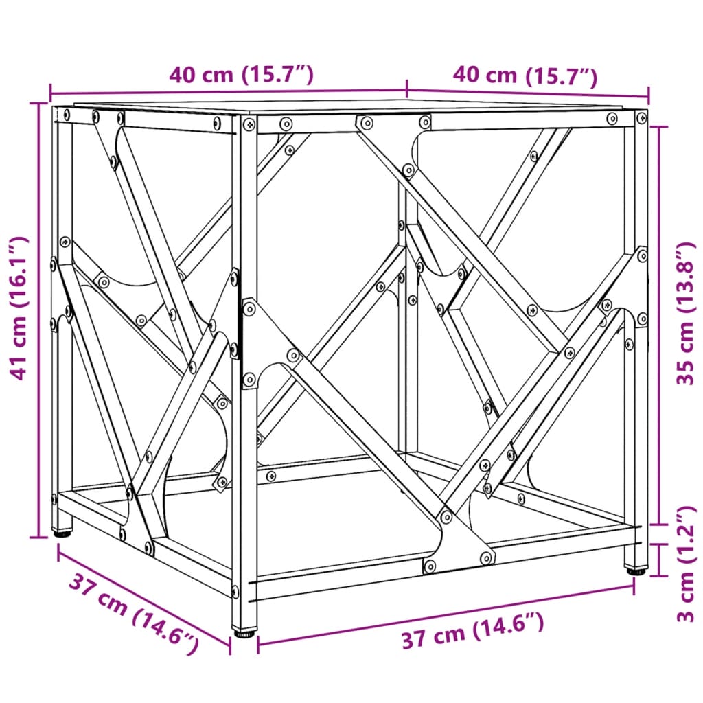 sofabord med transparent glastop 40x40x41 cm stål