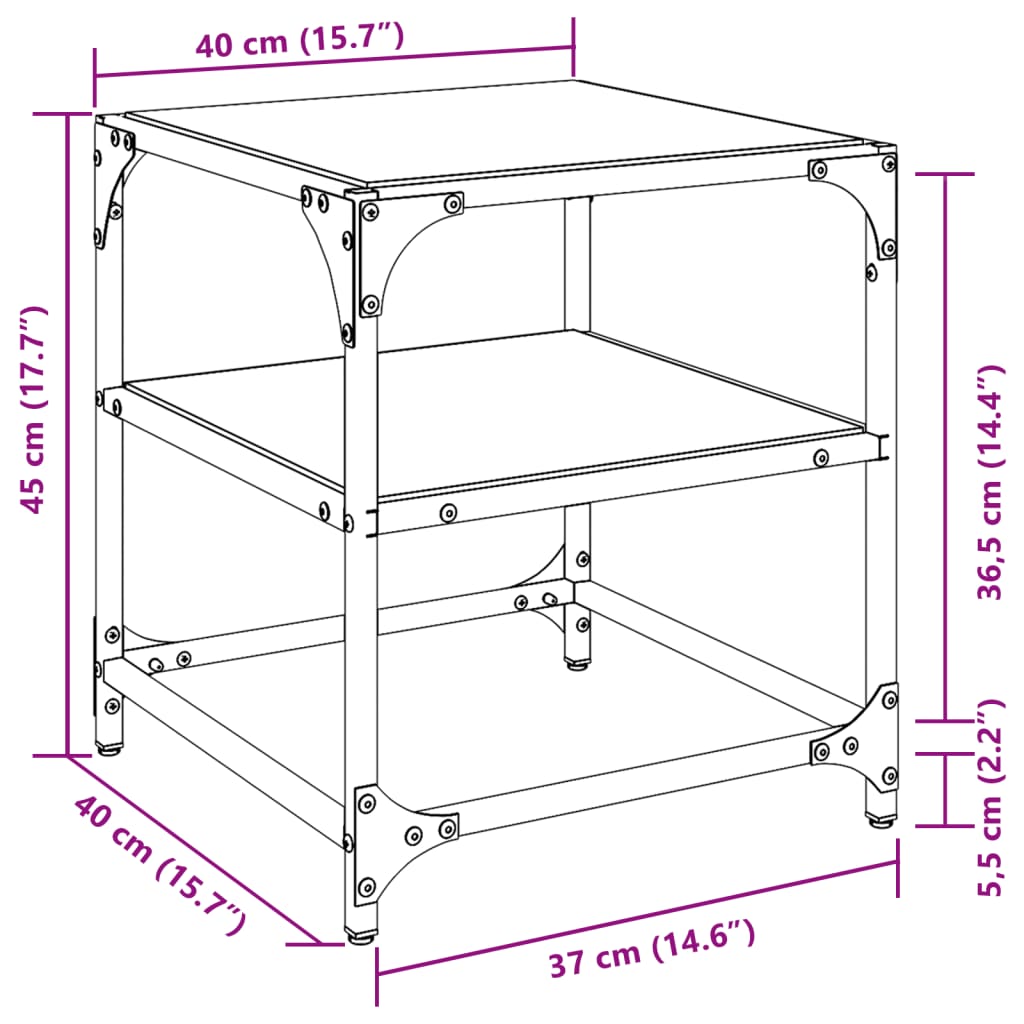 sofabord med transparent glastop 40x40x45 cm stål