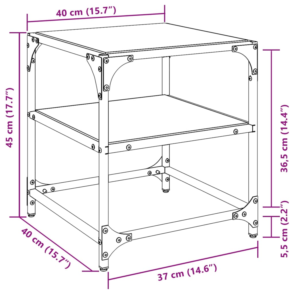 sofabord med sort glastop 40x40x45 cm stål