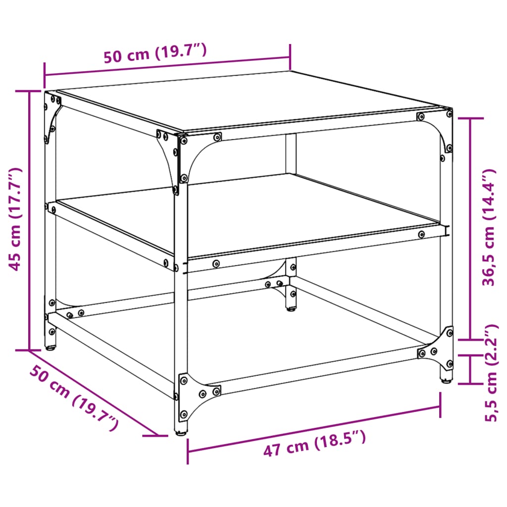 sofabord med transparent glastop 50x50x45 cm stål