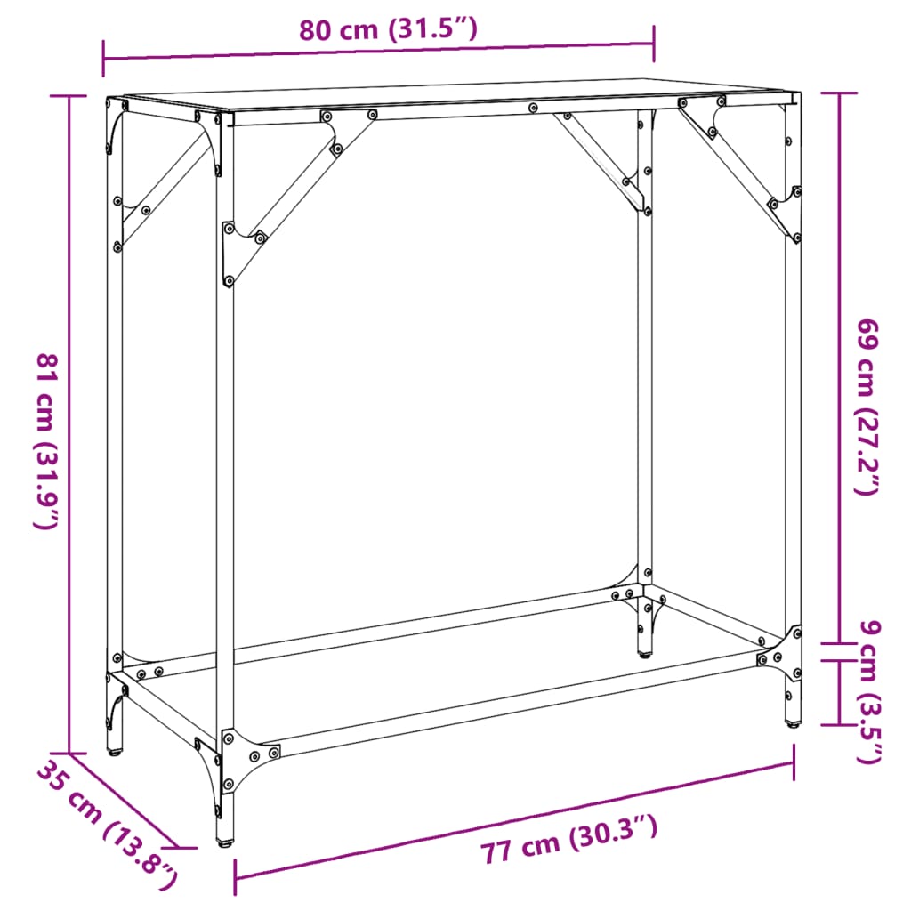 konsolbord med sort glastop 80x35x81 cm stål