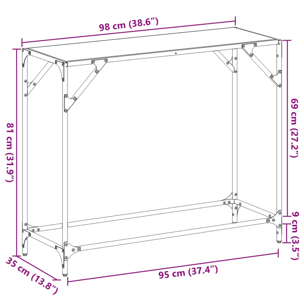 konsolbord med transparent glastop 98x35x81 cm stål