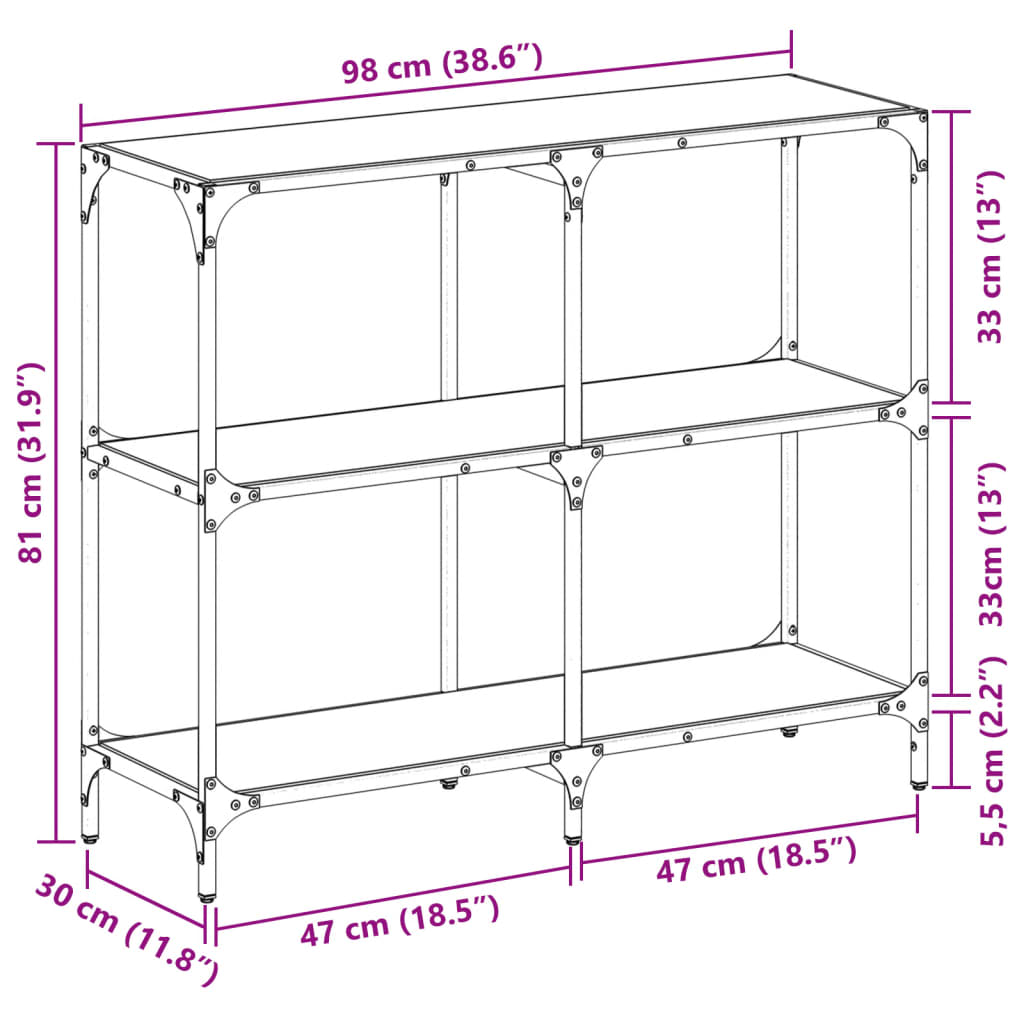 konsolbord med sort glastop 98x30x81 cm stål