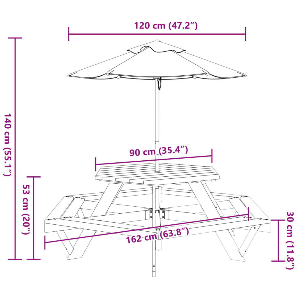 picnicbord til 6 børn m. parasol sekskantet massivt grantræ