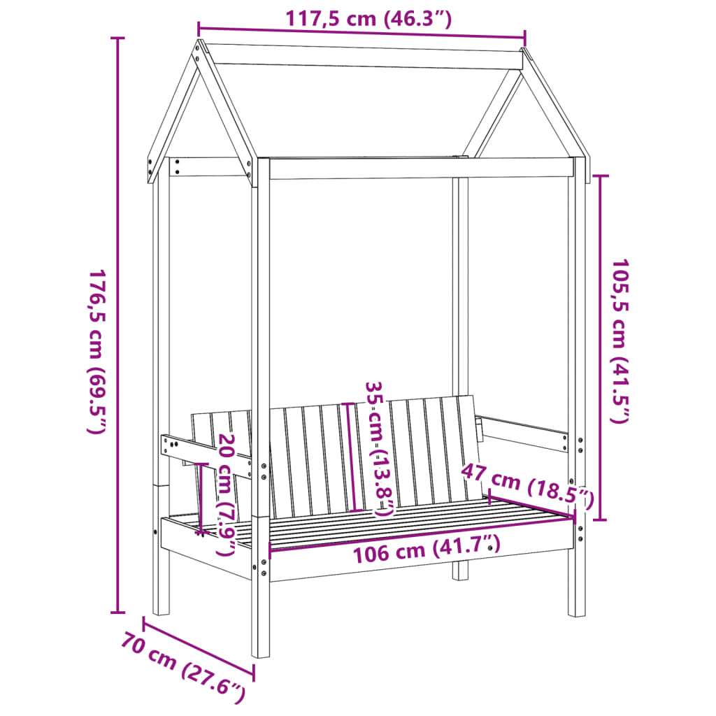 bænk med tag 117,5x70x176,5 cm massivt fyrretræ