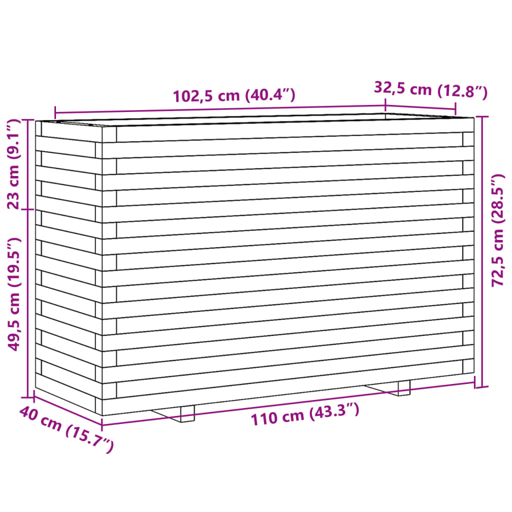 plantekasse 110x40x72,5 cm massivt fyrretræ