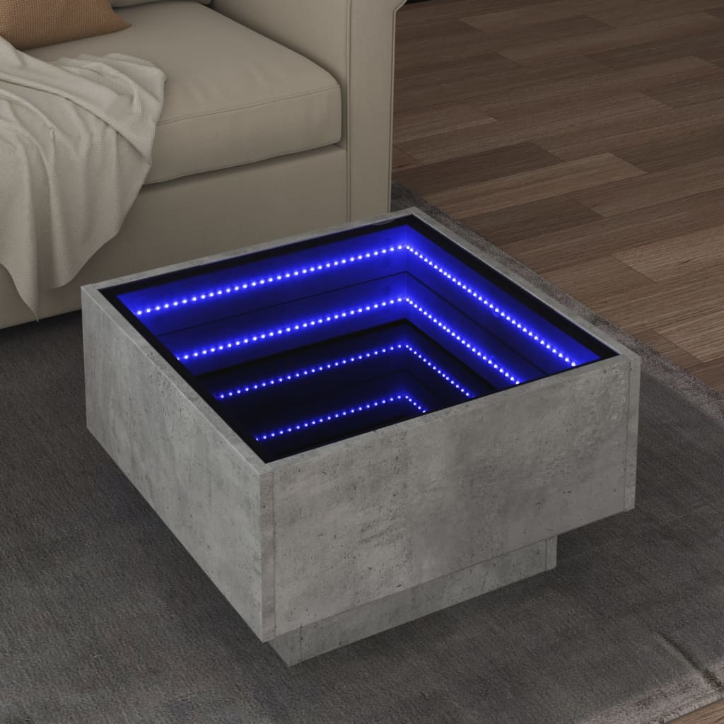 sofabord med LED-lys 50x50x30 cm konstrueret træ betongrå