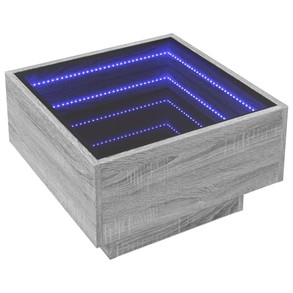 sofabord med LED-lys 50x50x30 cm konstrueret træ grå sonoma-eg