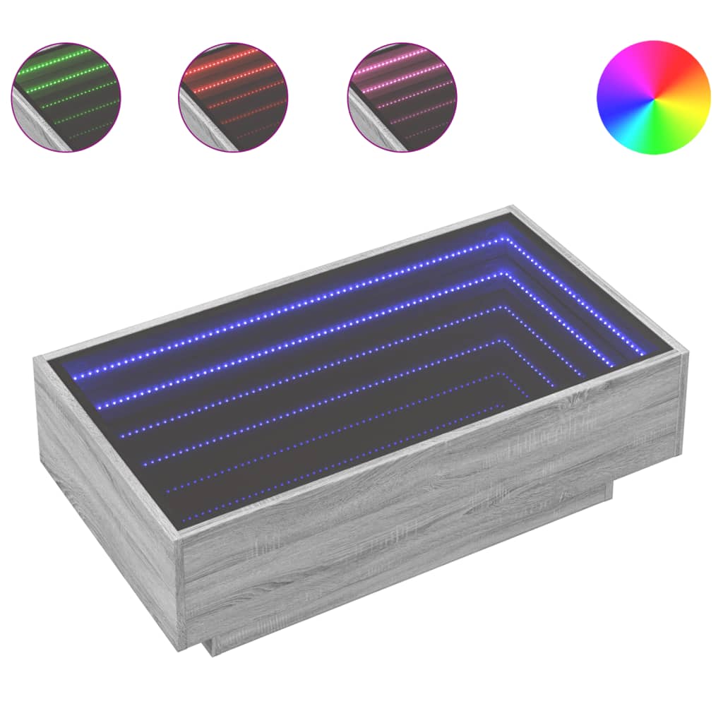 sofabord med LED-lys 90x50x30 cm konstrueret træ grå sonoma-eg