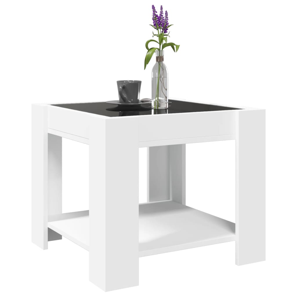 sofabord med LED-lys 53x53x45 cm konstrueret træ hvid