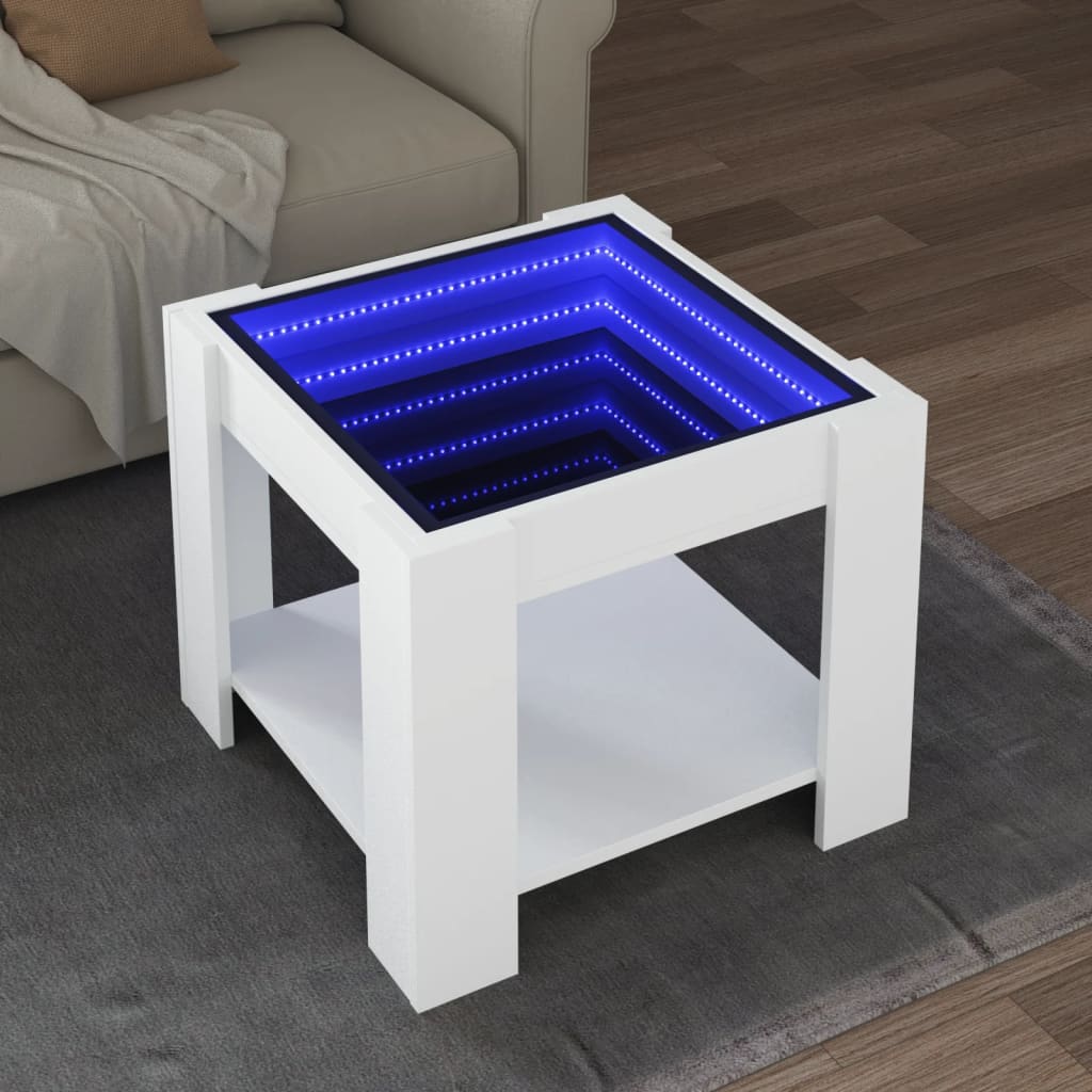 sofabord med LED-lys 53x53x45 cm konstrueret træ hvid