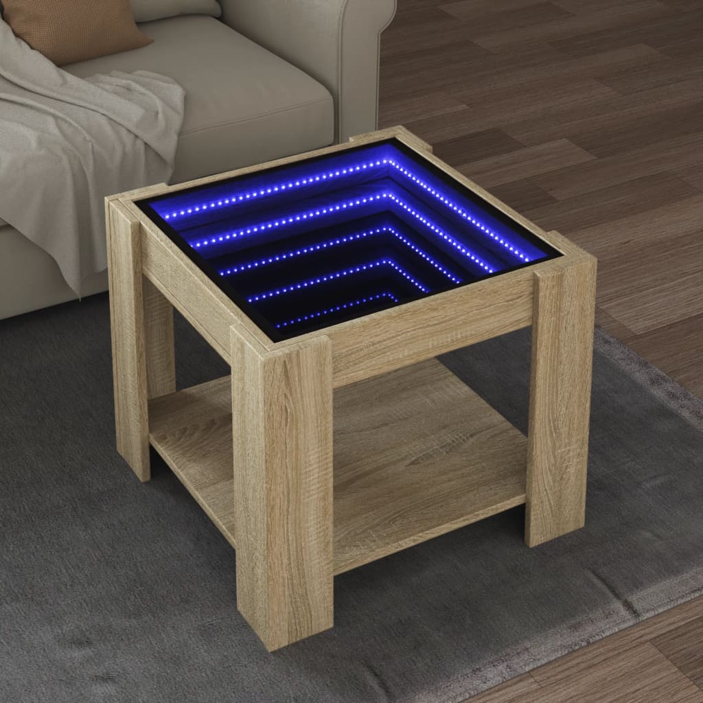 sofabord med LED-lys 53x53x45 cm konstrueret træ sonoma-eg