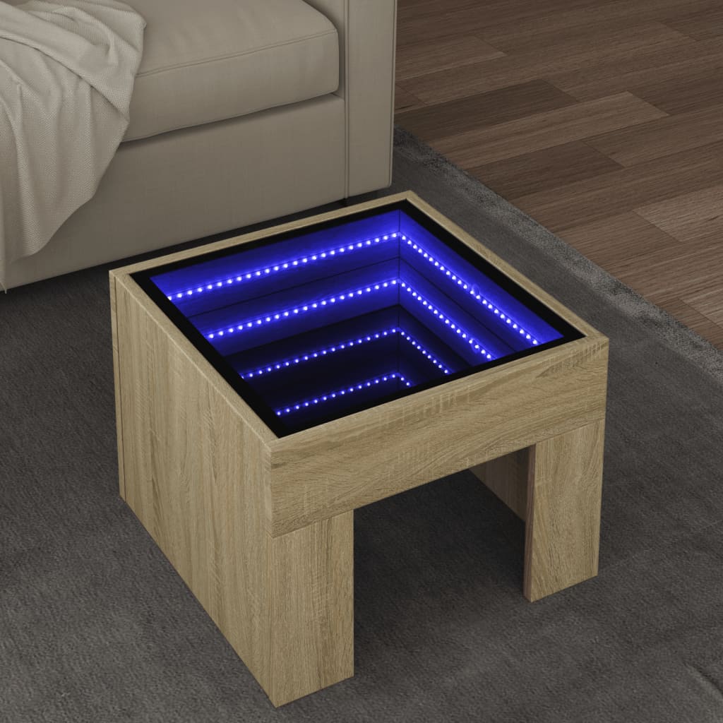 sofabord med Infinity LED-lys 40x40x30 cm sonoma-eg