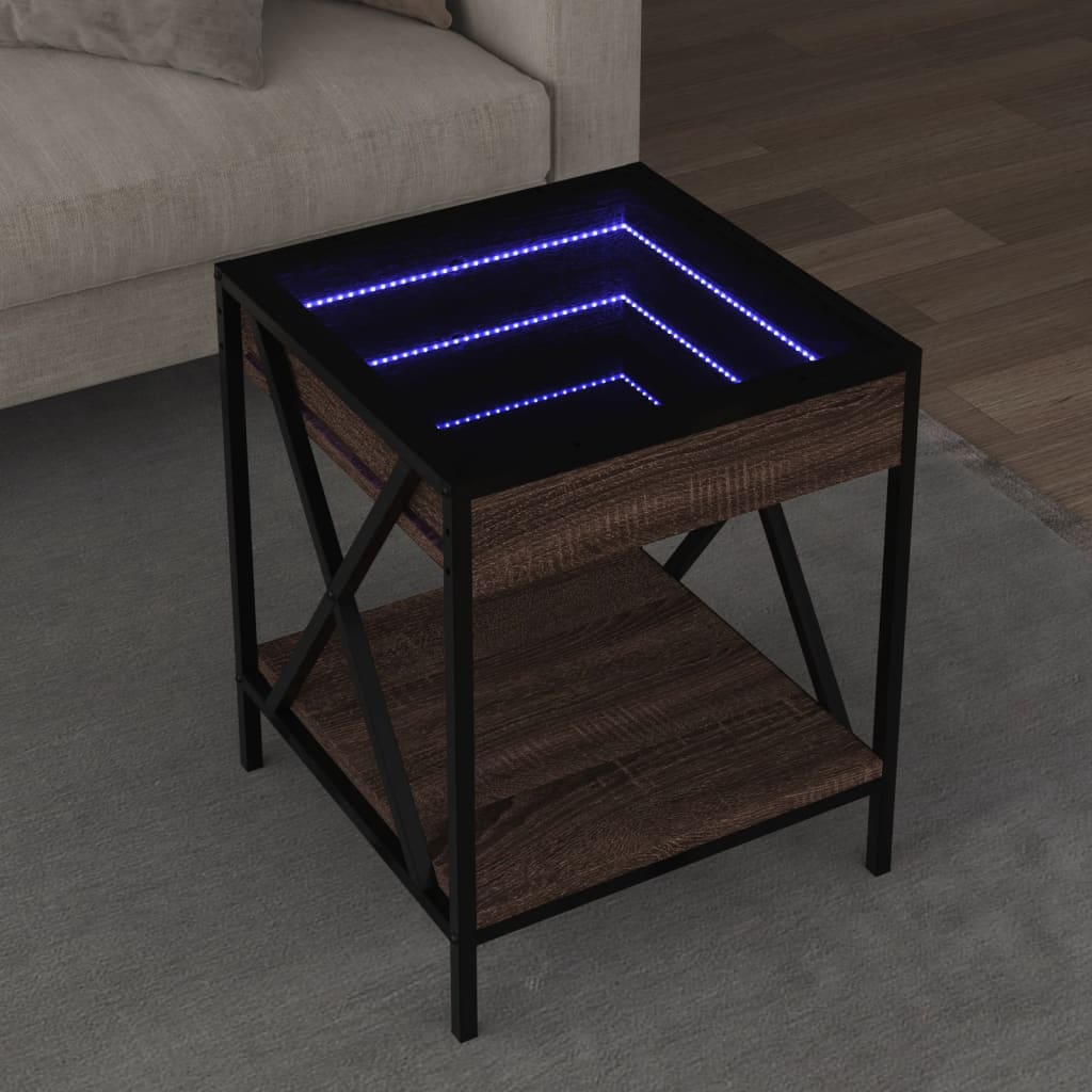 sofabord med Infinity LED-lys 40x40x49 cm brun egetræsfarve