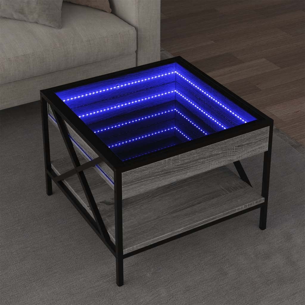 sofabord med Infinity LED-lys 50x50x38 cm grå sonoma-eg