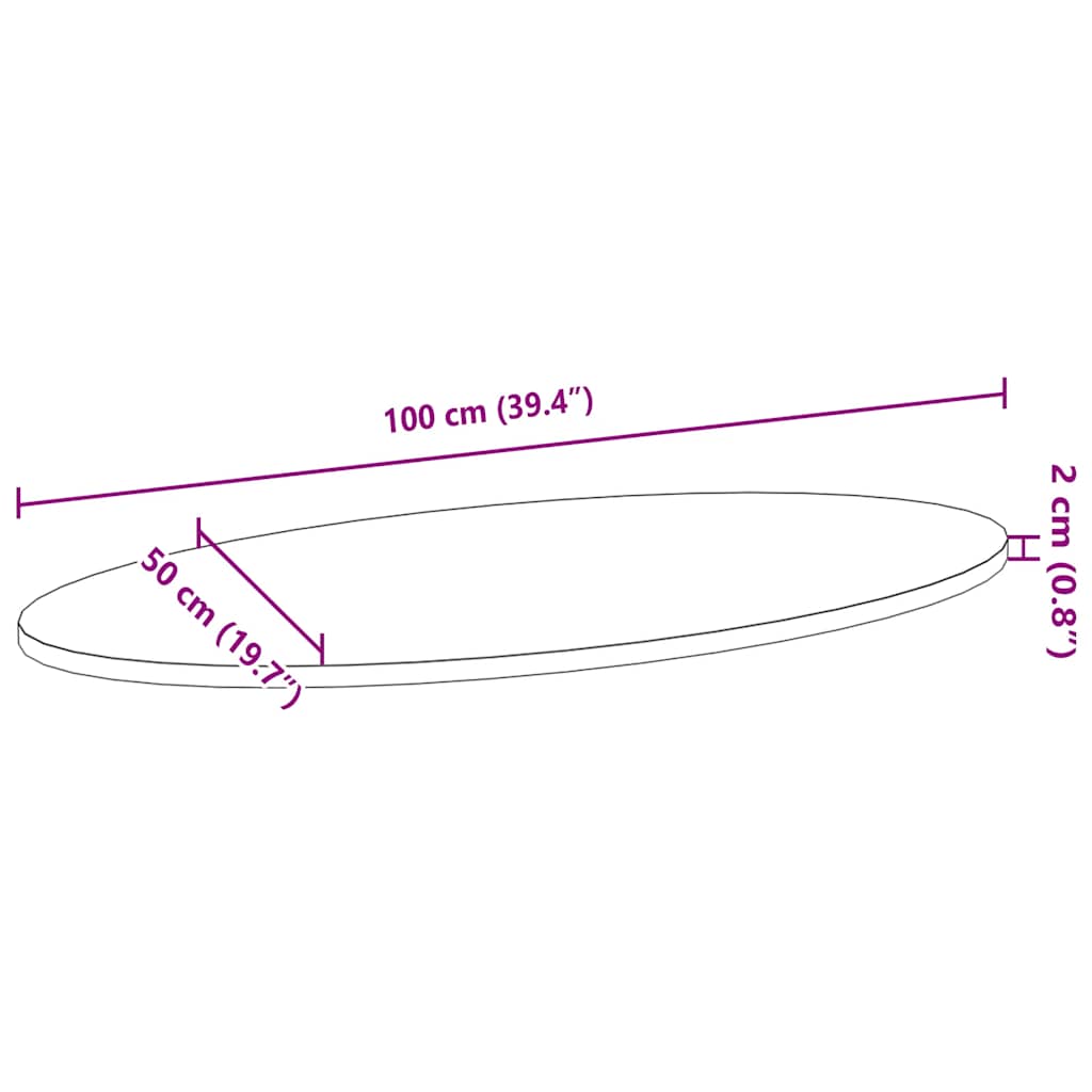 bordplade 100x50x2 cm massivt egetræ oval