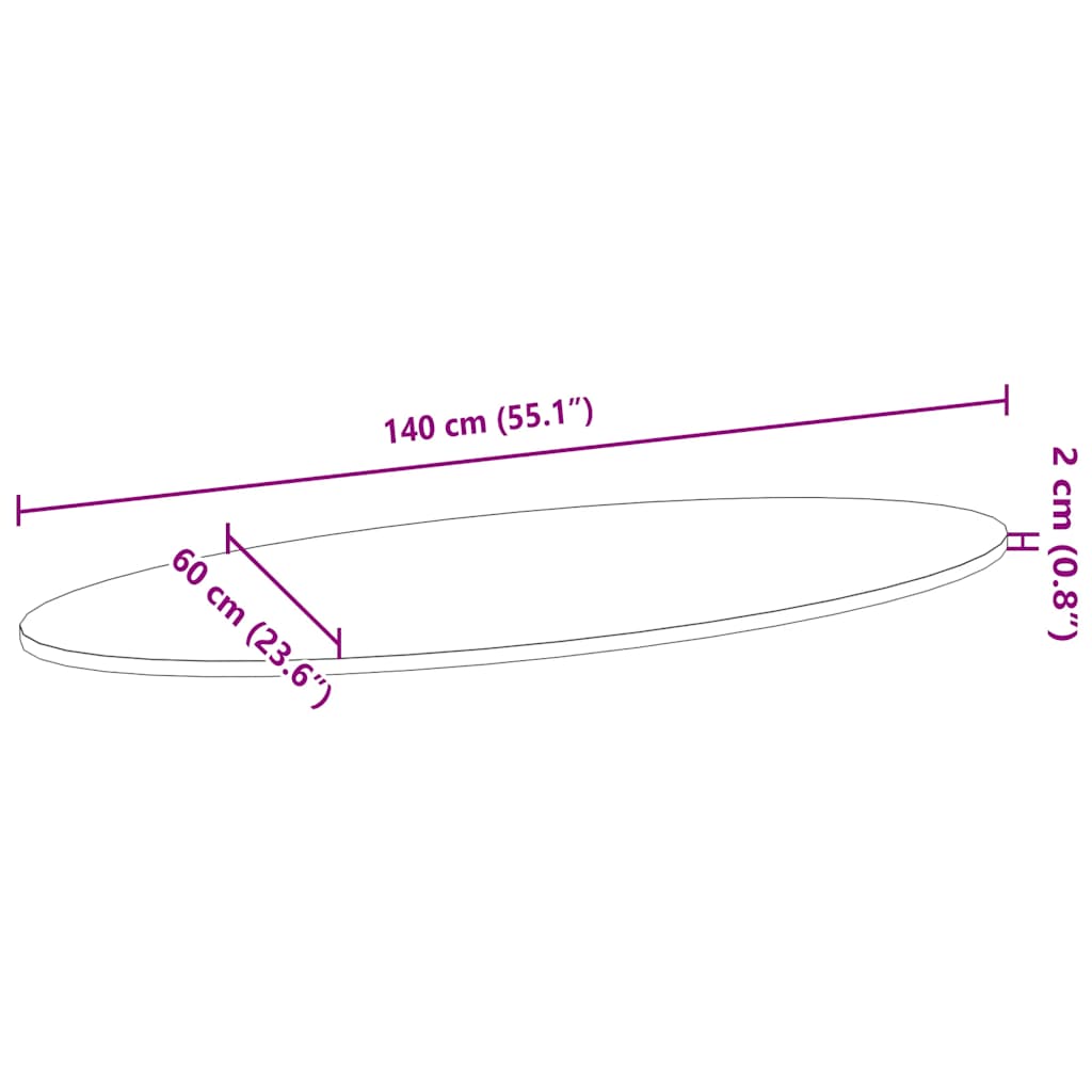 bordplade 140x60x2 cm massivt egetræ oval lysebrun