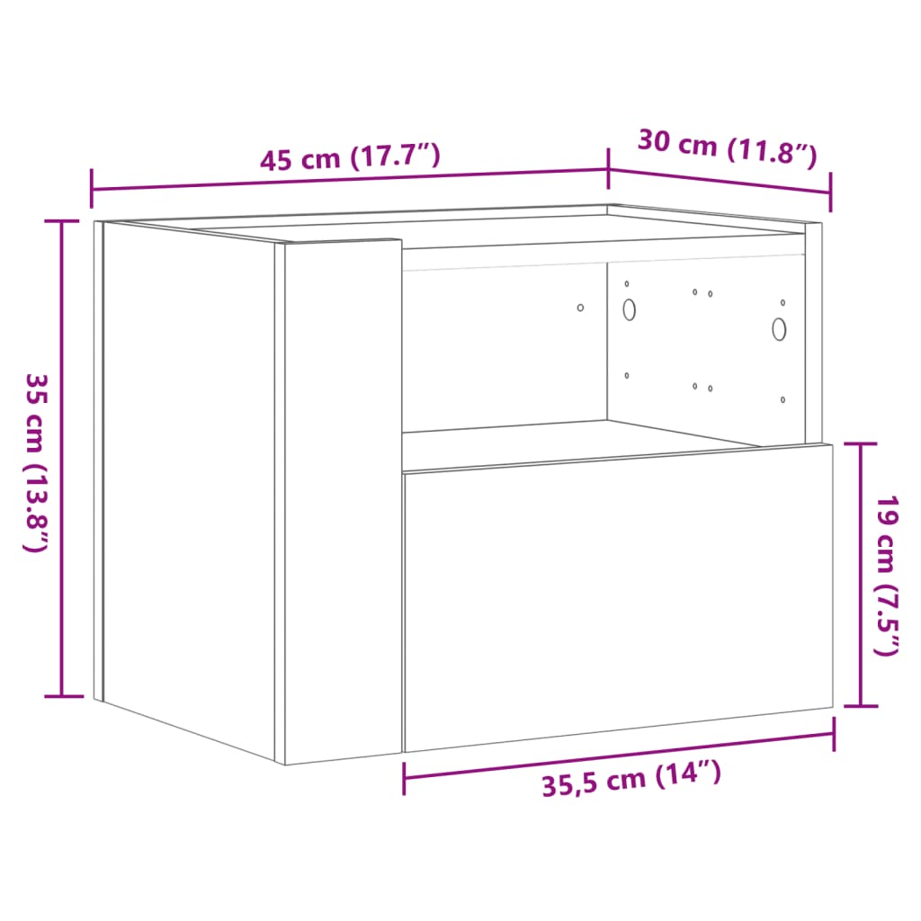 væghængt sengebord 45x30x35 cm røget egetræsfarve