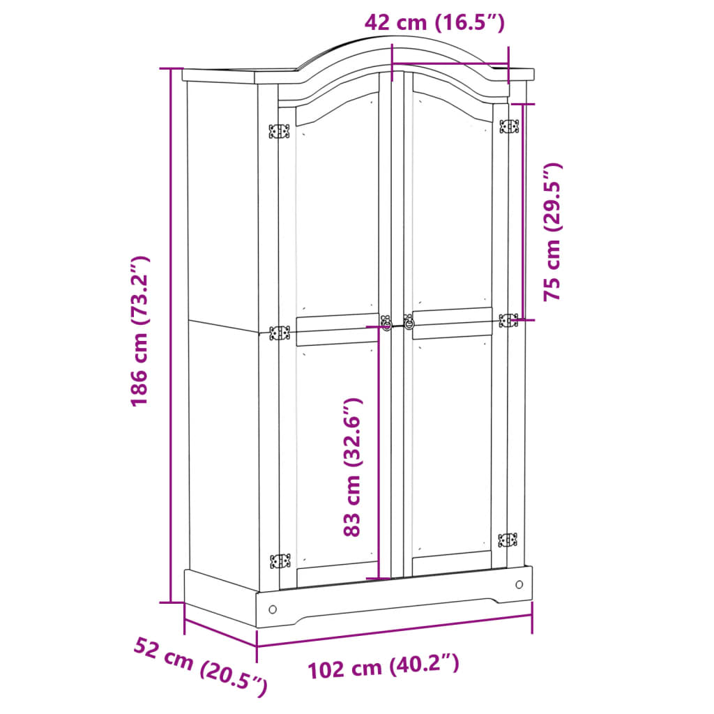 klædeskab Corona 102x52x186 cm massivt fyrretræ