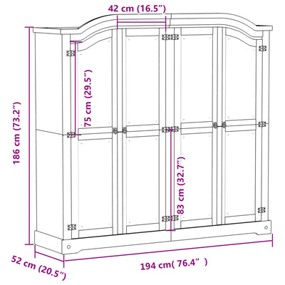 klædeskab Corona 194x52x186 cm massivt fyrretræ