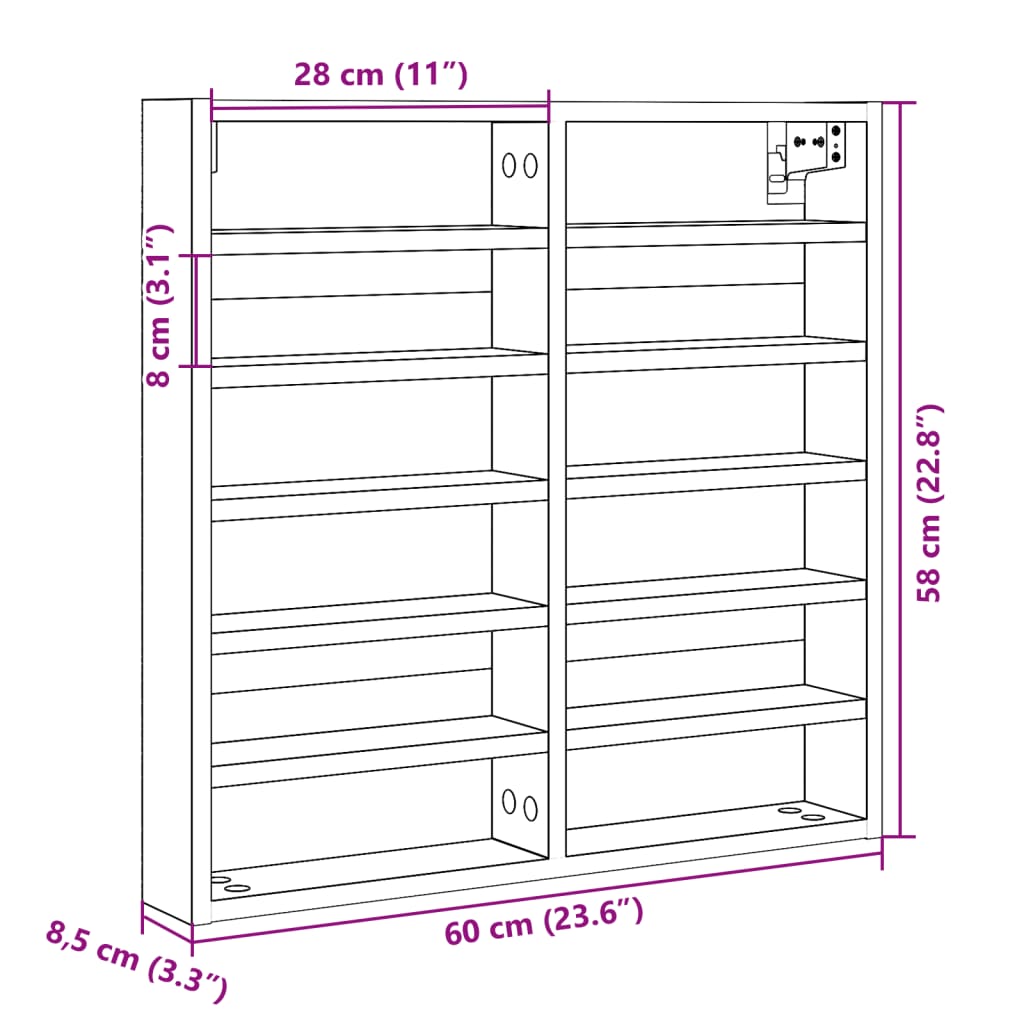 vitrineskab 60x8,5x58 cm konstrueret træ hvid