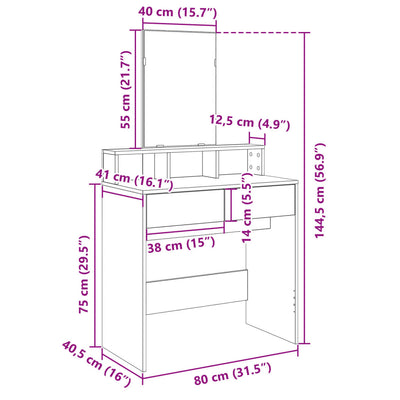 makeupbord med spejl 80x41x144,5 cm hvid