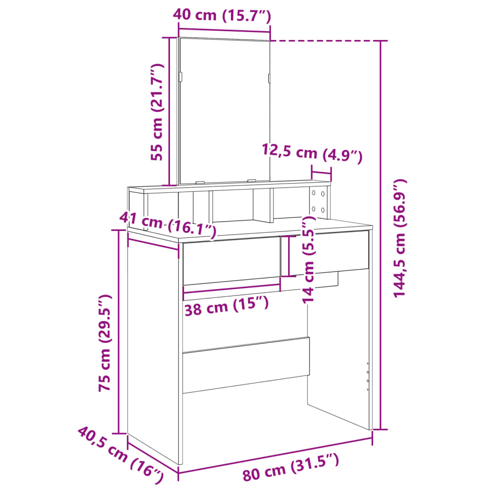 makeupbord med spejl 80x41x144,5 cm sort