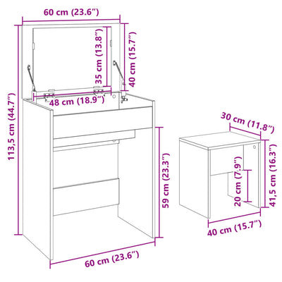 kosmetikbord med skammel 60x40x113,5 cm hvid