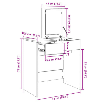 makeupbord med spejl 73x46,5x120 cm hvid