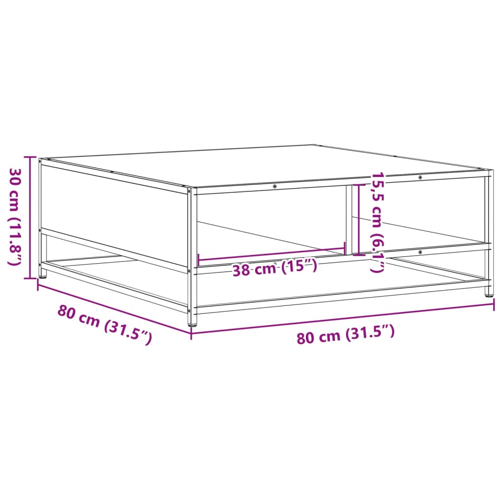 sofabord 80x80x30 cm konstrueret træ og metal sonoma-eg