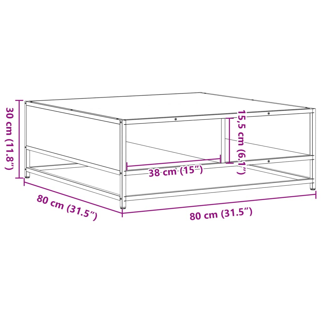 sofabord 80x80x30 cm konstrueret træ og metal røget egetræ