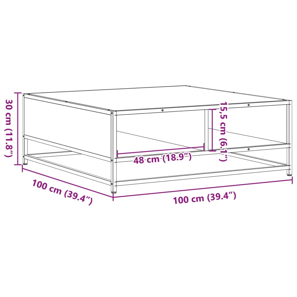 sofabord 100x100x30 cm konstrueret træ og metal sort